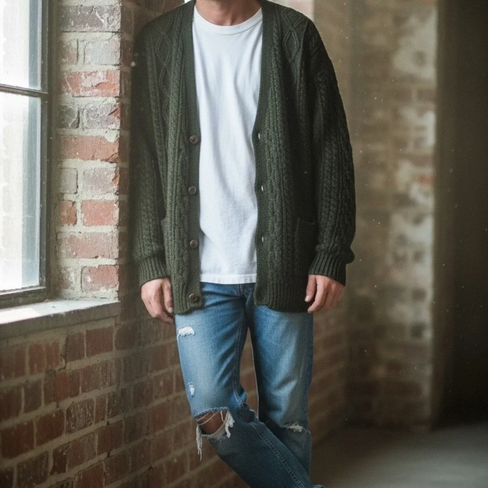 Aran Sweater Market Cardigan Sweater M Olive Green cabl wool grandpa Kurt Cobain